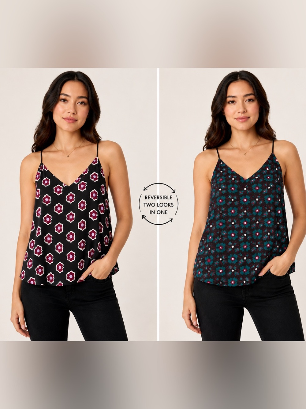 2 Looks Express Reversible Barcelona Cami Tank Top Floral Print Black Size Small